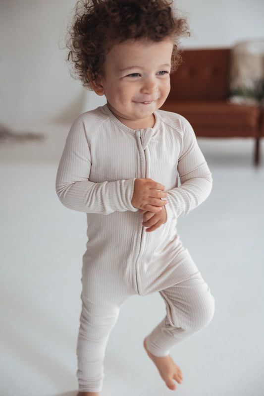 Oat Ribbed Zip Romper